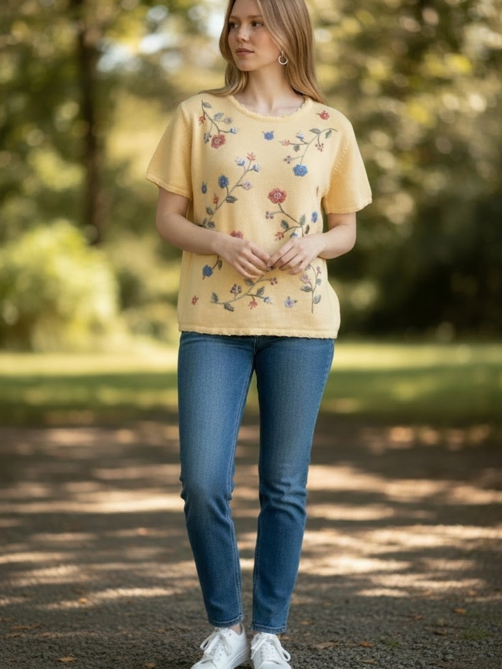 Vintage Haband Yellow Floral Short-Sleeve Crewneck Sweater Grandmacore Size M